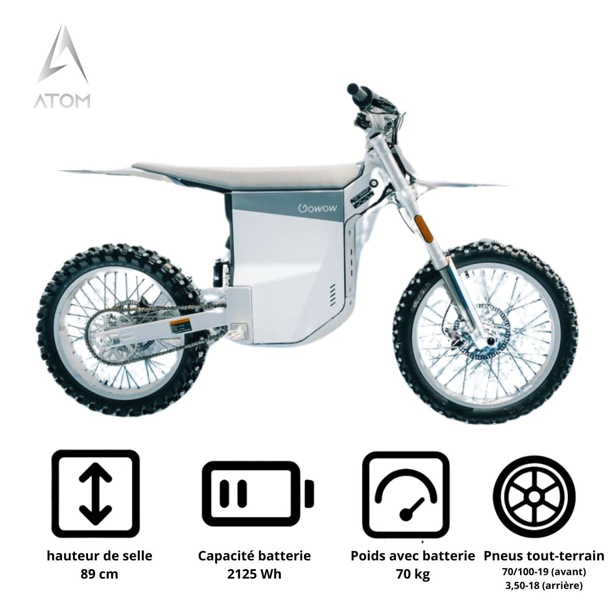 Moto électrique Dirtbike, Gowow Alpha | 8000 W | 50 cc | V-max 45 km/h | Autonomie 75 km - Atom Motors
