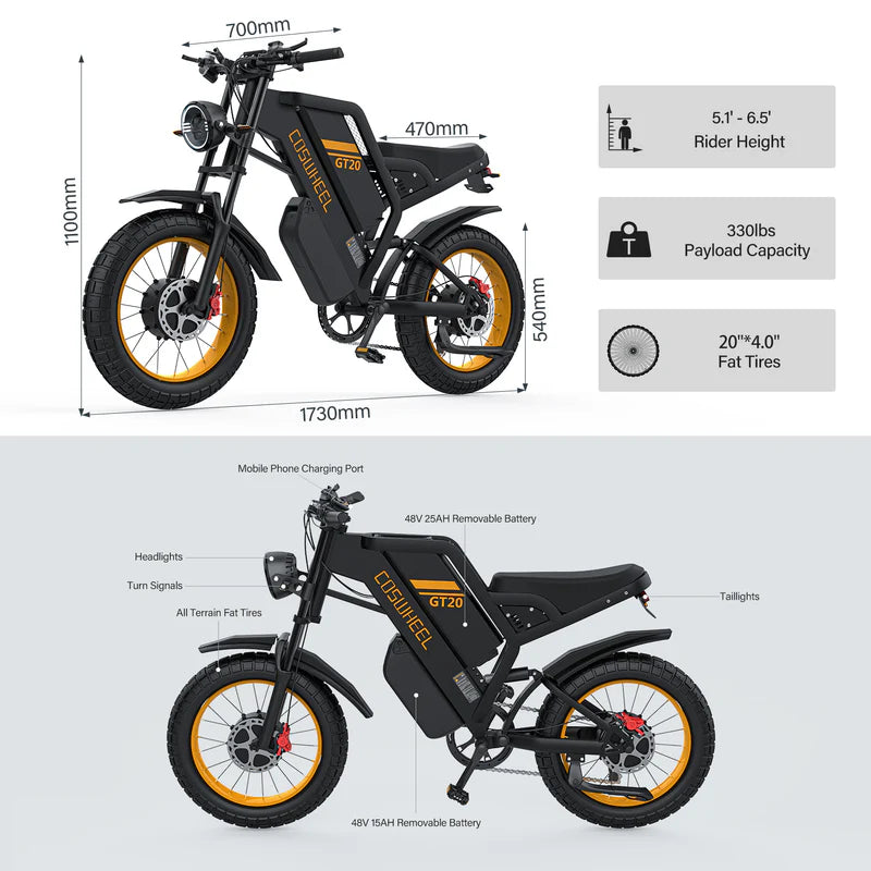 Vélo électrique | Coswheel GT20 Pro | 2000 W | V‑max 25km/h | Autonomie 233 km - Atom Motors